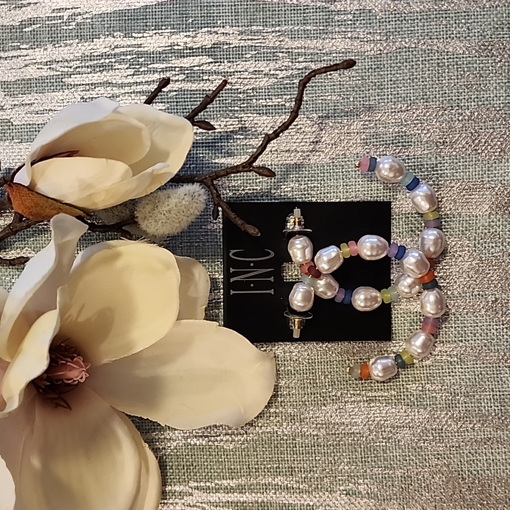 INC International Concepts Large Gold Tone Bead/Imitation Pearl C-Hoop Earrings